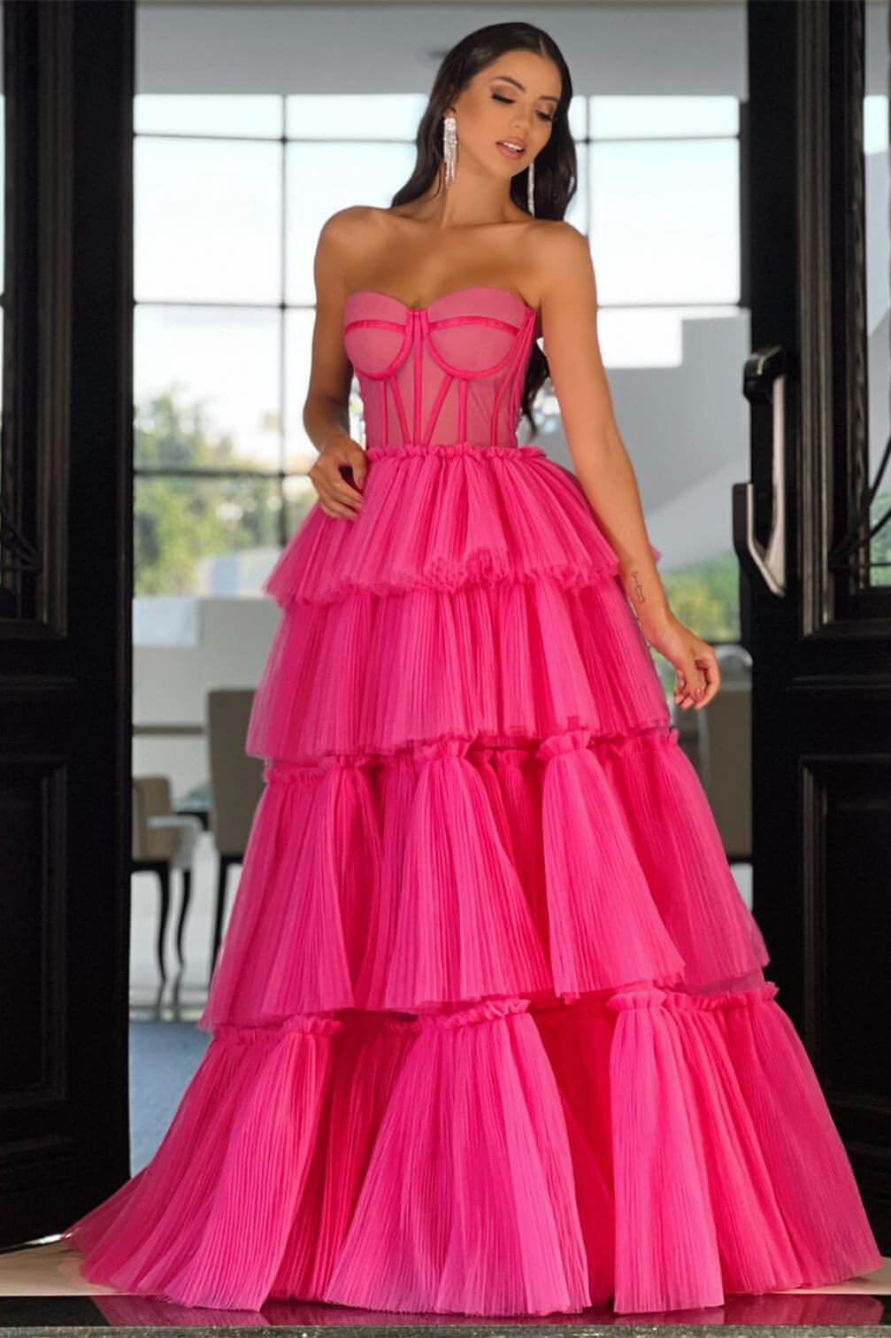 Oknass Elegant Sweetheart Prom Dress Long Sleeveless Layers Hot Pink