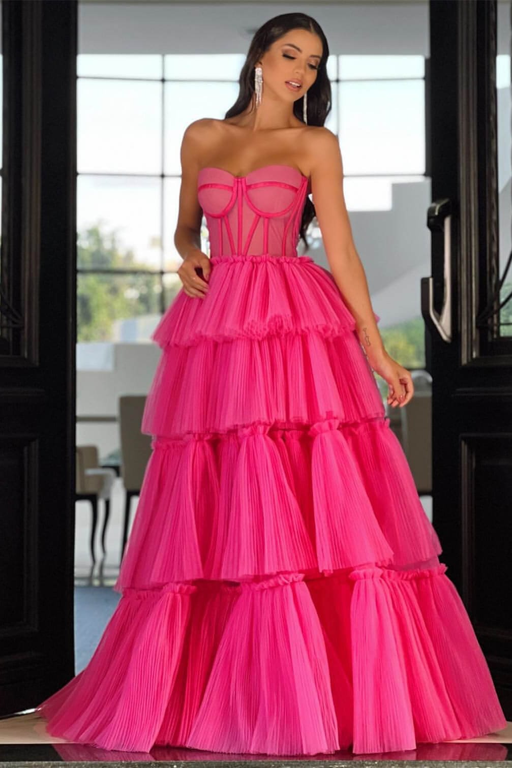 Hot Pink Elegant Sweetheart Prom Dress Long Sleeveless Layers | Ballbellas Ballbellas