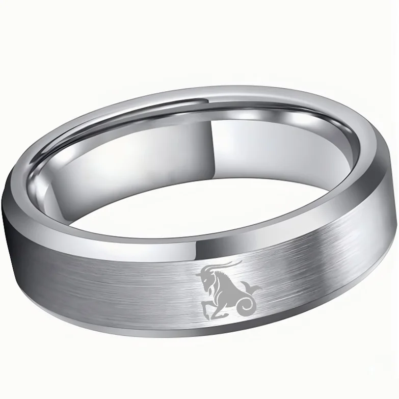 Mens Womens Sliver Capricorn Tungsten Carbide Rings Sliver Edges and Laser Etched Wedding Bands Comfort Fit 4MM 6MM 8MM Width