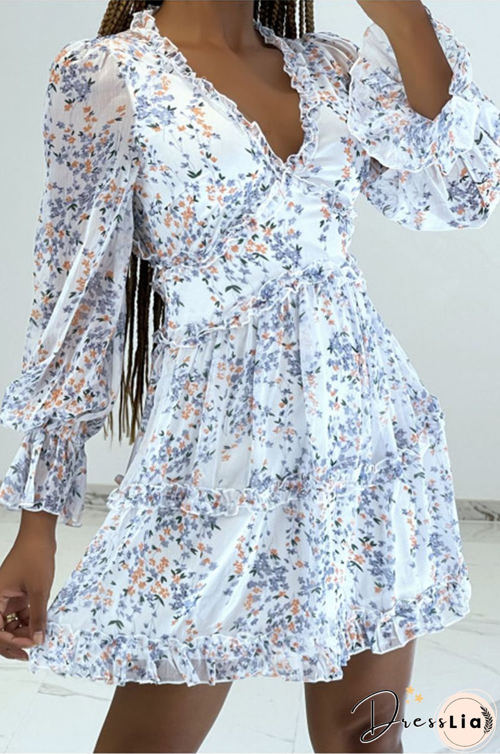 Ditsy Floral Prints Ruffle Edge Tiered Long Sleeve Boho Dress