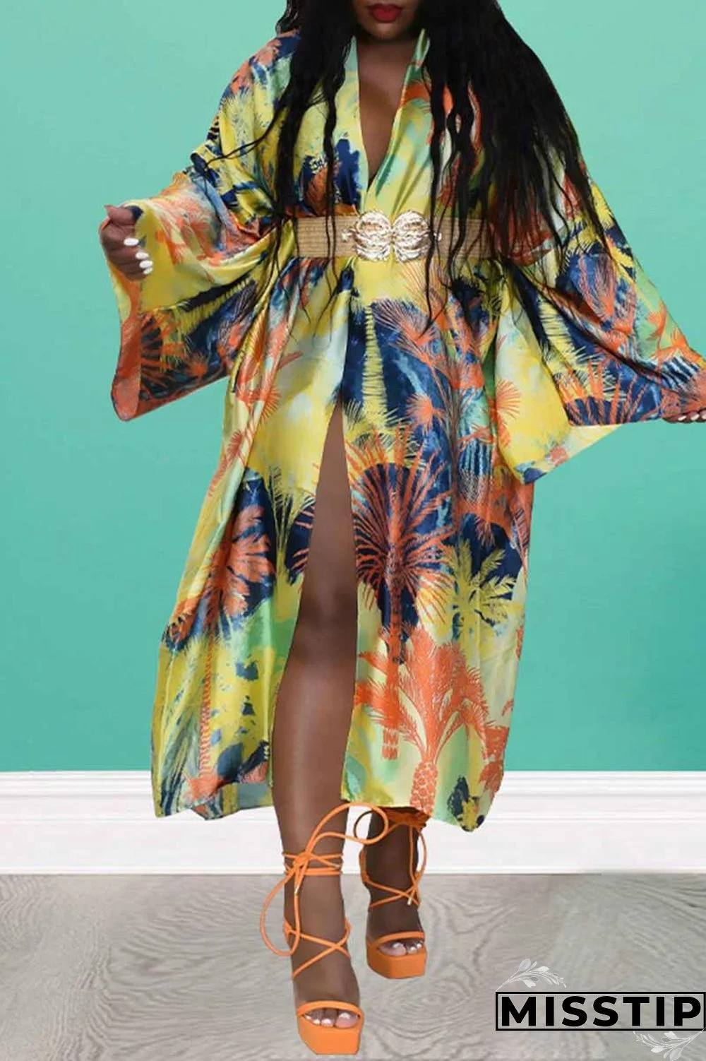 Red Fashion Casual Print Patchwork Outerwear(Without Belt)