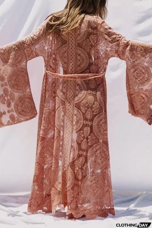 Flares Sleeve Lace Long Cover Up With Belted