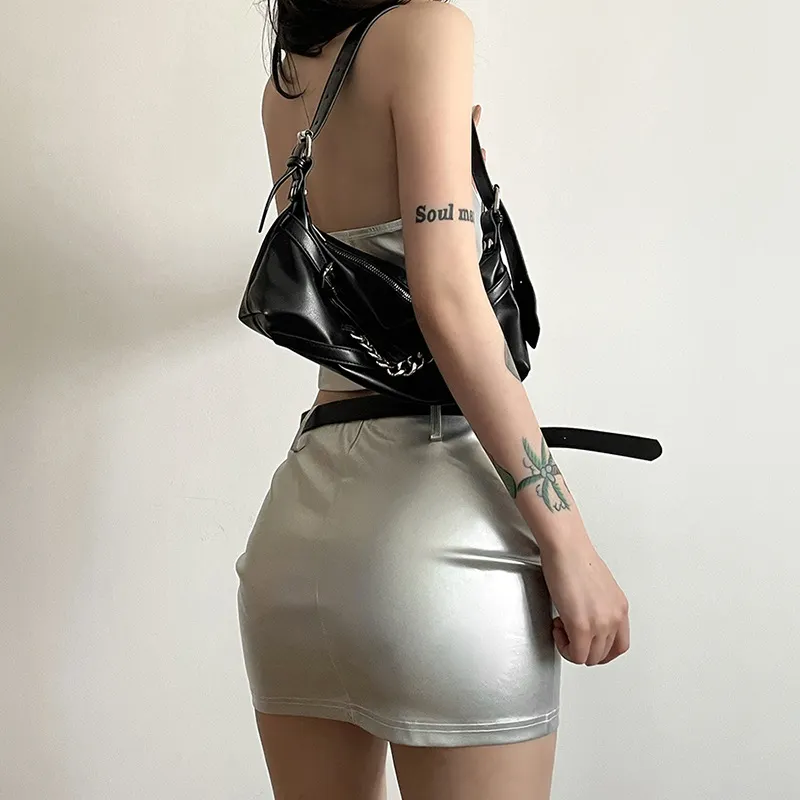 Churchf 2024 Summer New Women's Pure-Colored Breast-Covered Umbilled Vest Bagted Hip Skirt Suit
