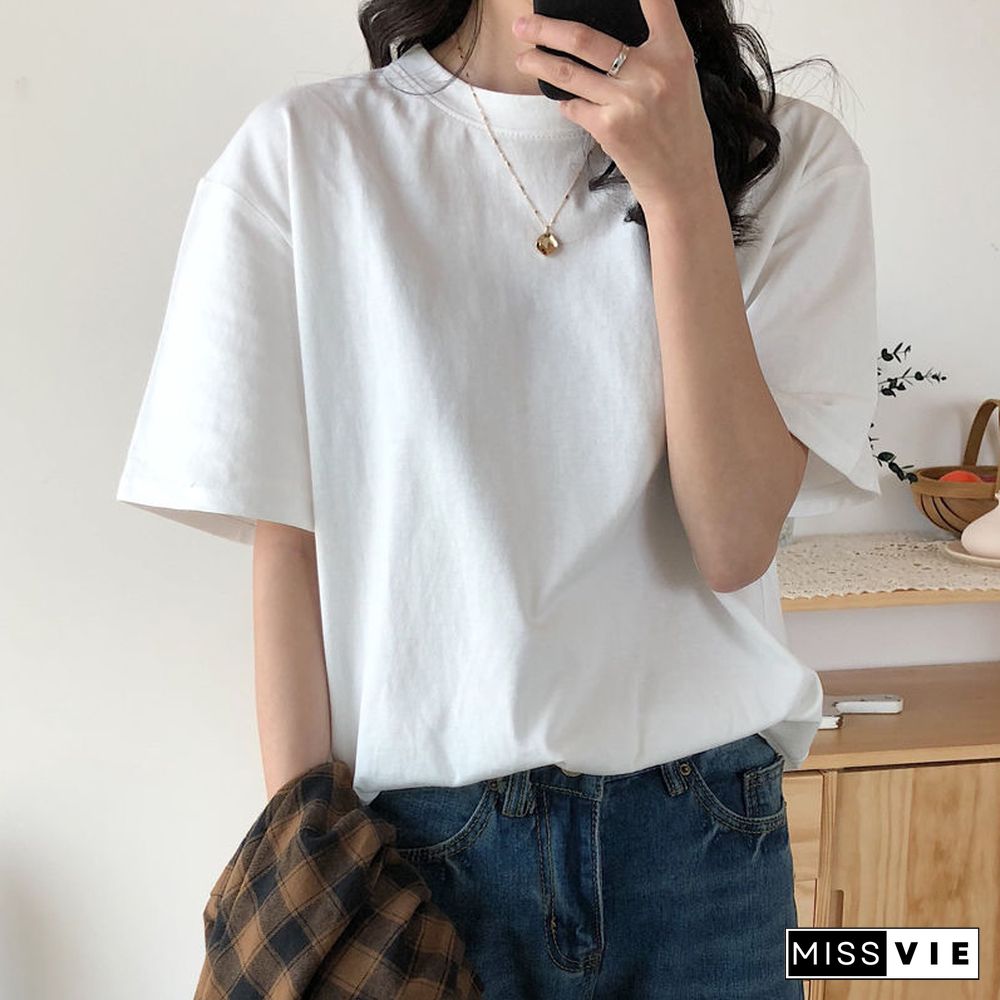 Basic Cotton T Shirt Women Summer New Solid Tees 7 Color Casual Loose Tshirt Korean O Neck Female Tops
