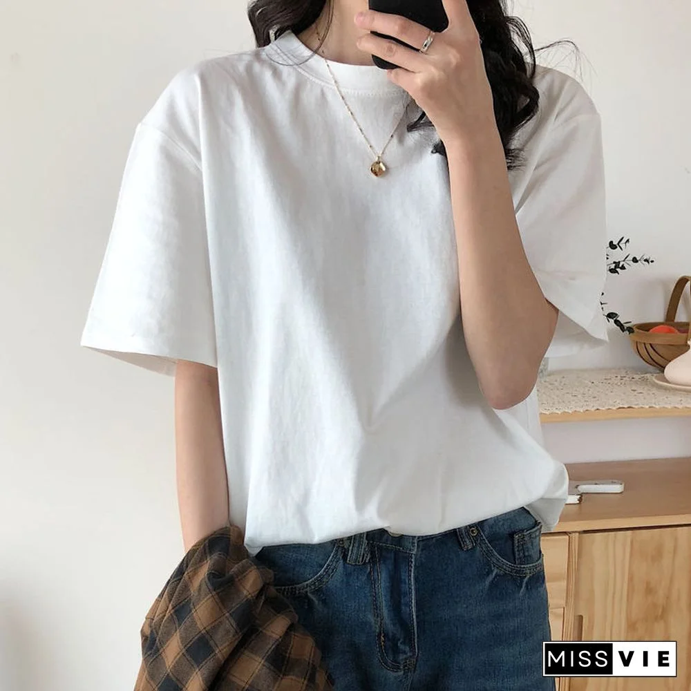Basic Cotton T Shirt Women Summer New Solid Tees 7 Color Casual Loose Tshirt Korean O Neck Female Tops