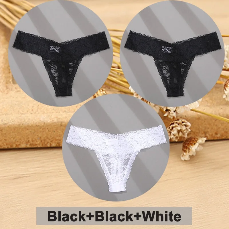 3PCS/Set Lace Panties Full Floral Underwear Women Panties Underpants Sexy Briefs Thong Lace G-String Female Lingerie Intimates