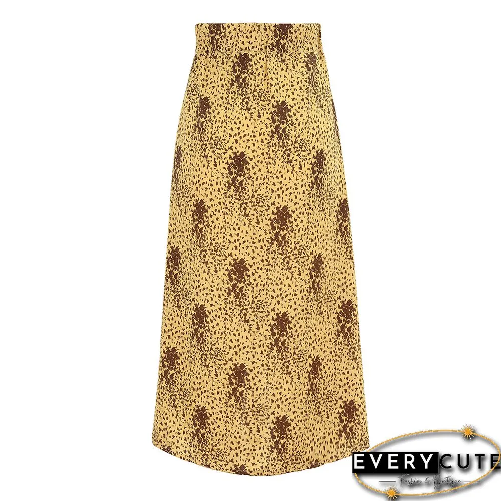 Yellow Floral Print Split Front Wrap Skirt