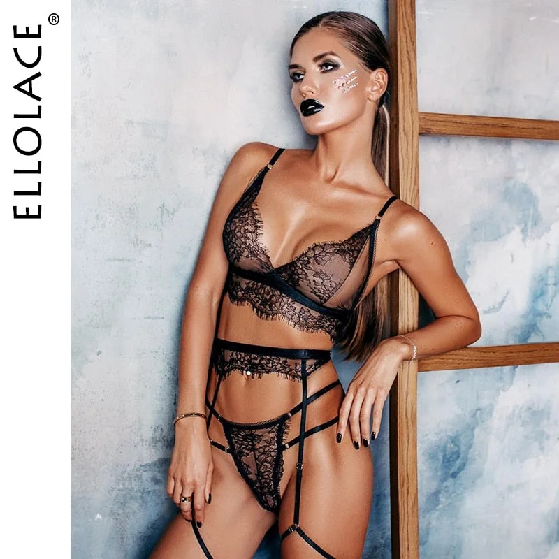 Ellolace Sexy Lace Lingerie Women Underwear 3 Piece Set See Through Bodycon Bra Patry Set Black Lingeries Bodydoll Sexy Sets