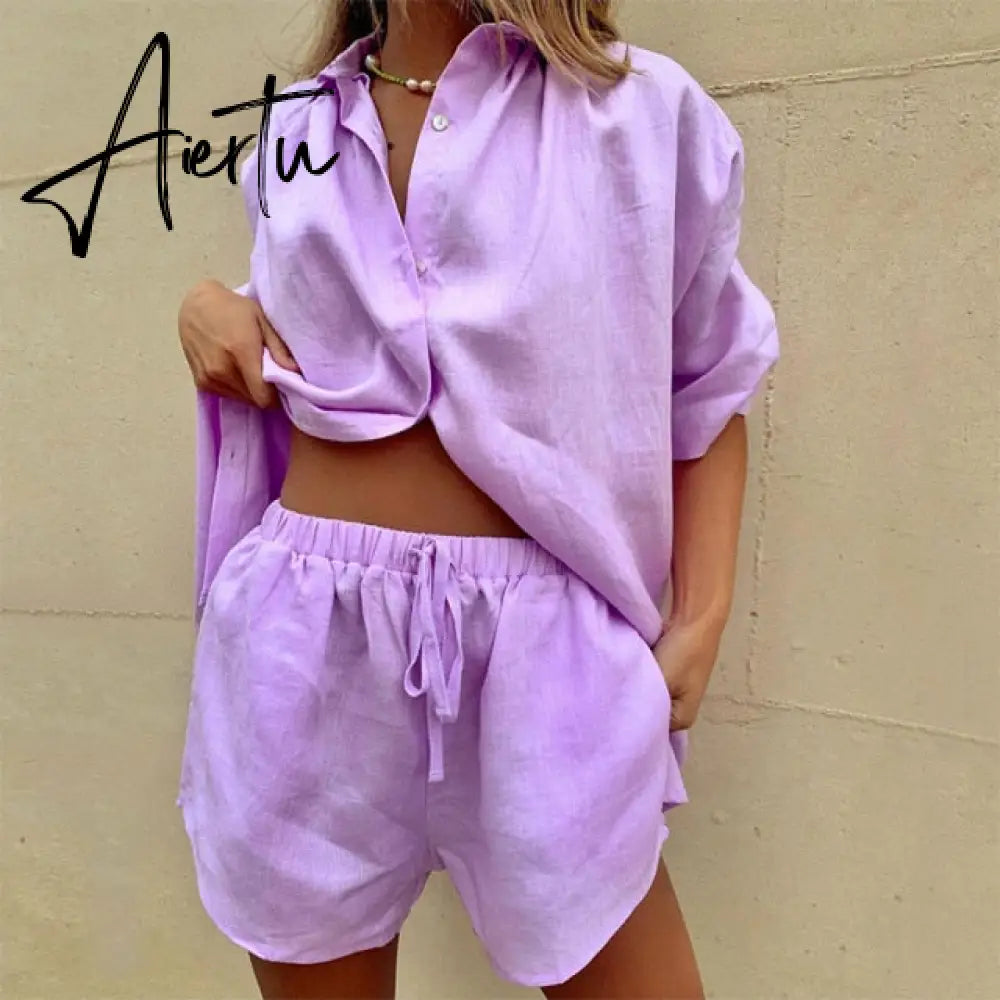 Aiertu Casual Womem Yellow Lounge Wear Summer Tracksuit Shorts Set Long Sleeve Shirt Tops And Mini Shorts Suit  New Two Piece Set Aiertu