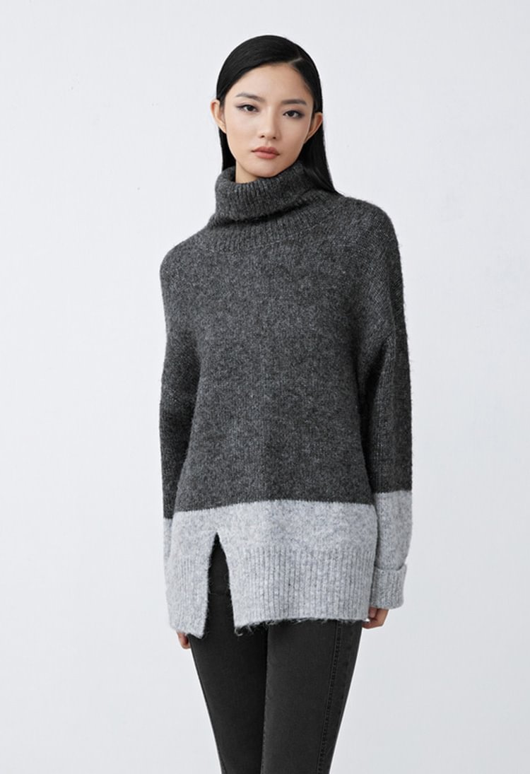 SDEER High Collar Contrast Color Slit Irregular Loose Sweater