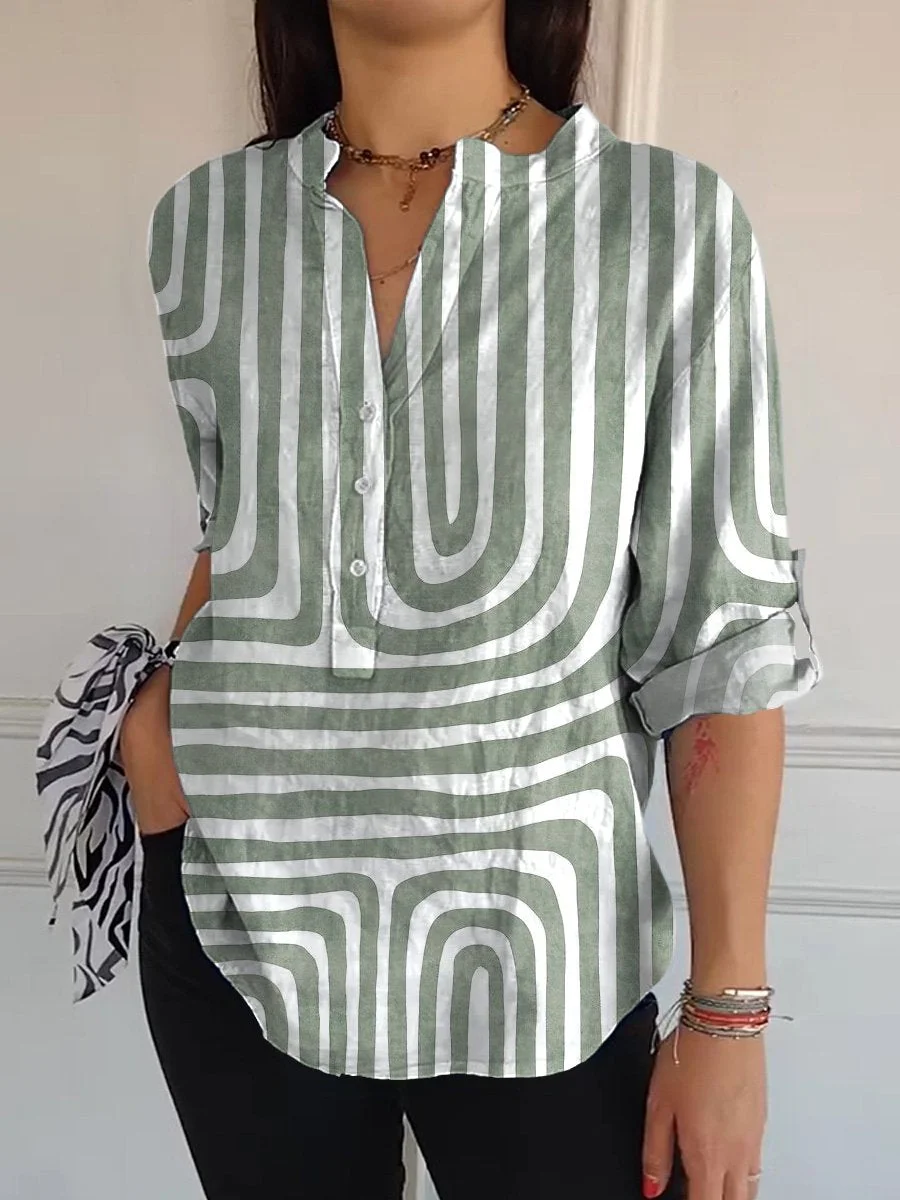 Simple Geometric Line Pattern Printed Women's  Print Casual Long Sleeve Comfortable Cotton Shirt