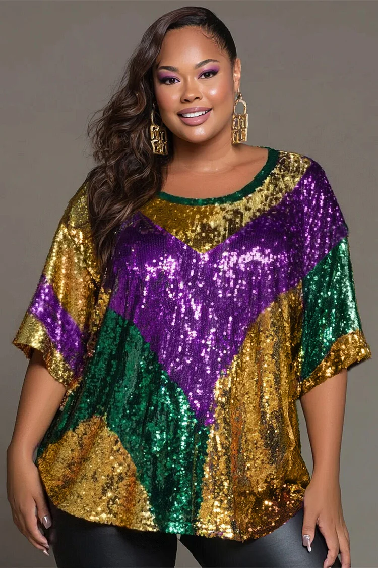 Xpluswear Design Plus Size Mardi Gras Multicolor Colorblock Round Neck Half Sleeve Sequin T-Shirts 2024 - Xpluswear