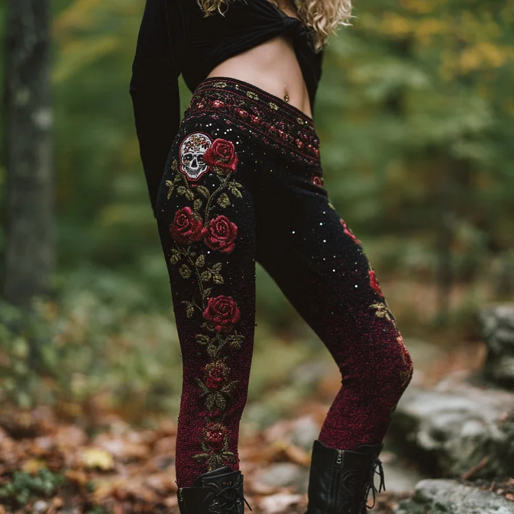 Women's Vintage Skull And Rose Pattern Comfortable Leggings
