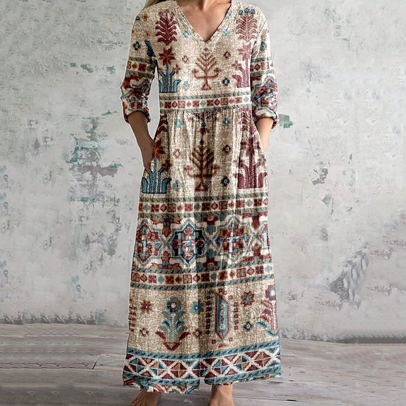 Vintage Western Ethnic Print V-Neck Loose Midi Dress artswardrobe