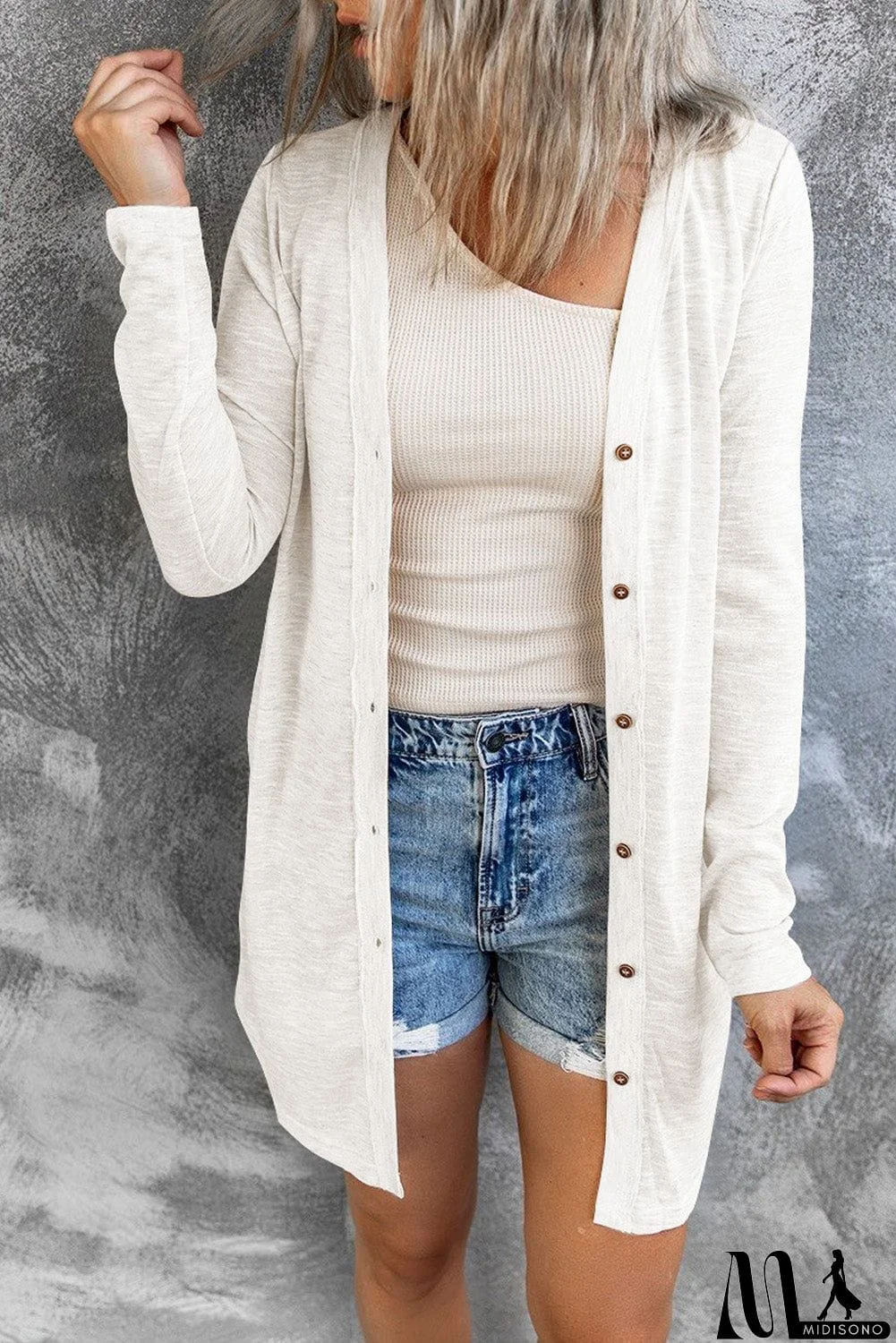 MidiSono - Button Down Long Sleeve Longline Cardigan