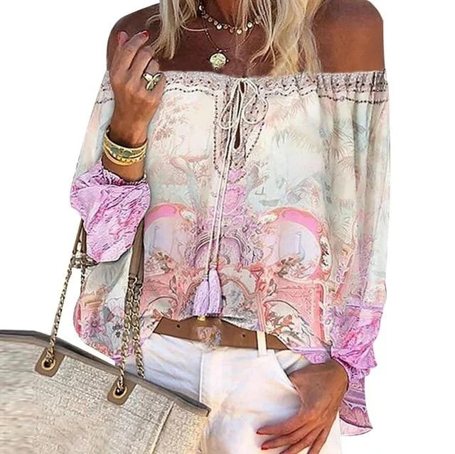 Women Long Sleeve Off Shoulder Floral Print Hollow Out Lace Up Blouse Tops Shirts Female Blouses Sexy Casual Blouse For Women P16402