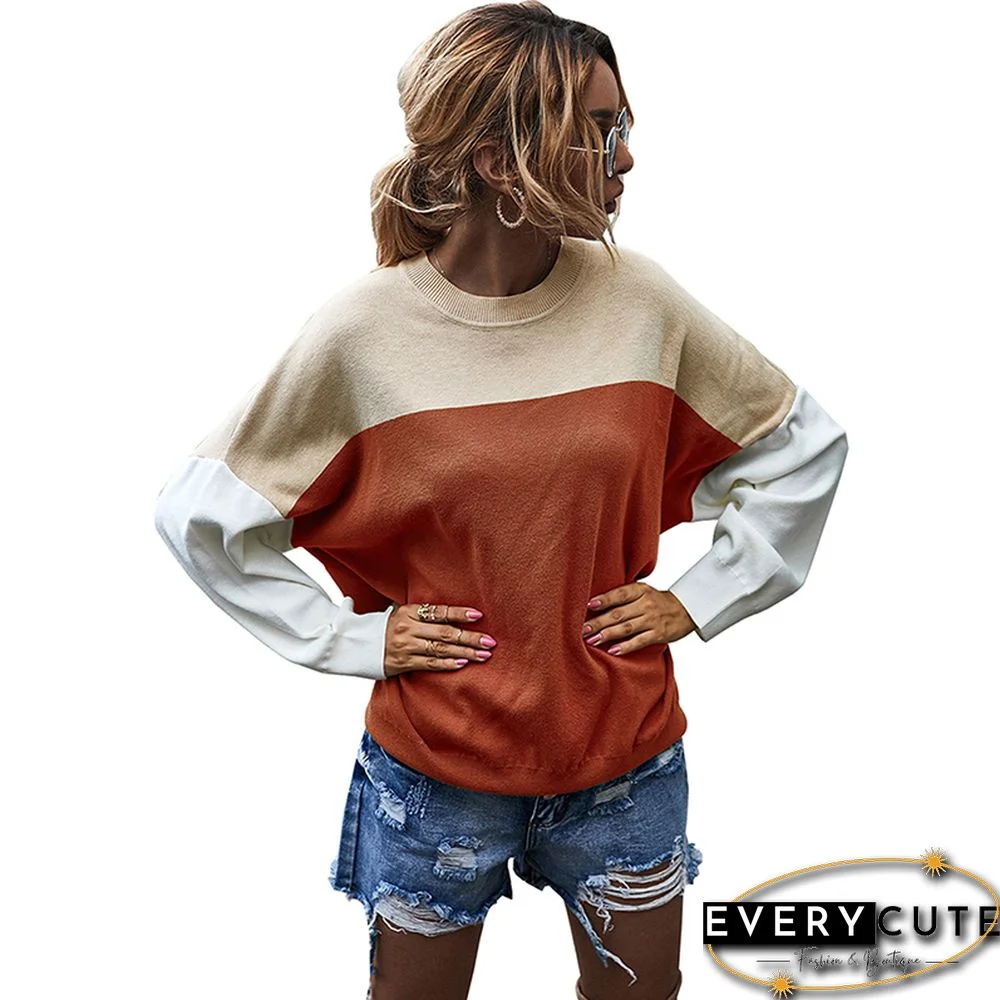 Rust Red Colorblock Pullover Knit Sweater