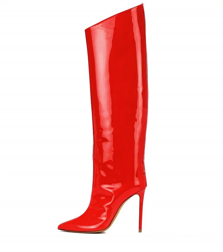 Red Patent Leather High heel Boots Knee-high Boots |FSJ Shoes