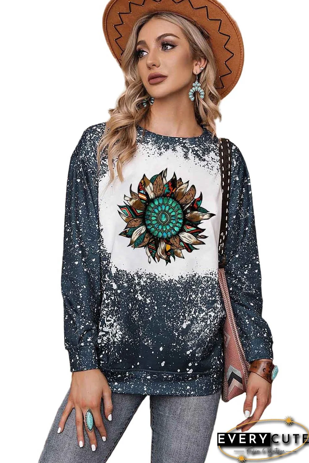 Tie-dyed Sunflower Print Long Sleeve Pullover Sweatshirt