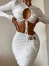Stylish Hollow Drawstring Pleated Round-Neck Long Sleeves Shirts+Sexy Wrap Skirt Two Pieces Set
