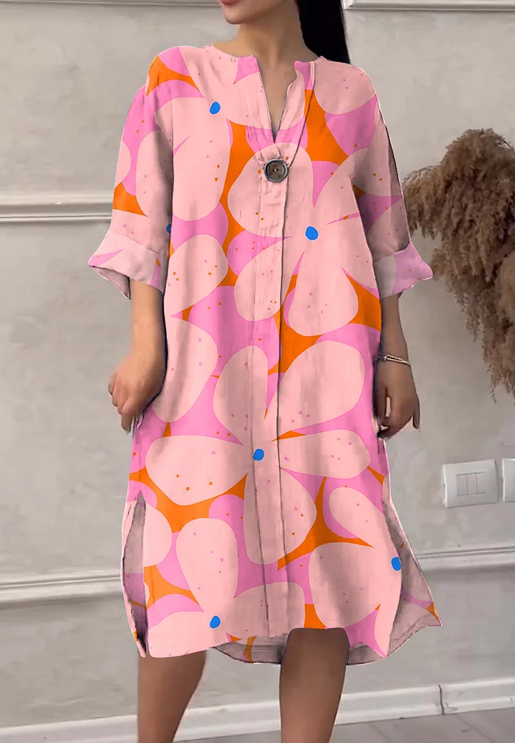 Vintage V-neck Button-down Pink Floral Print Midi Dress