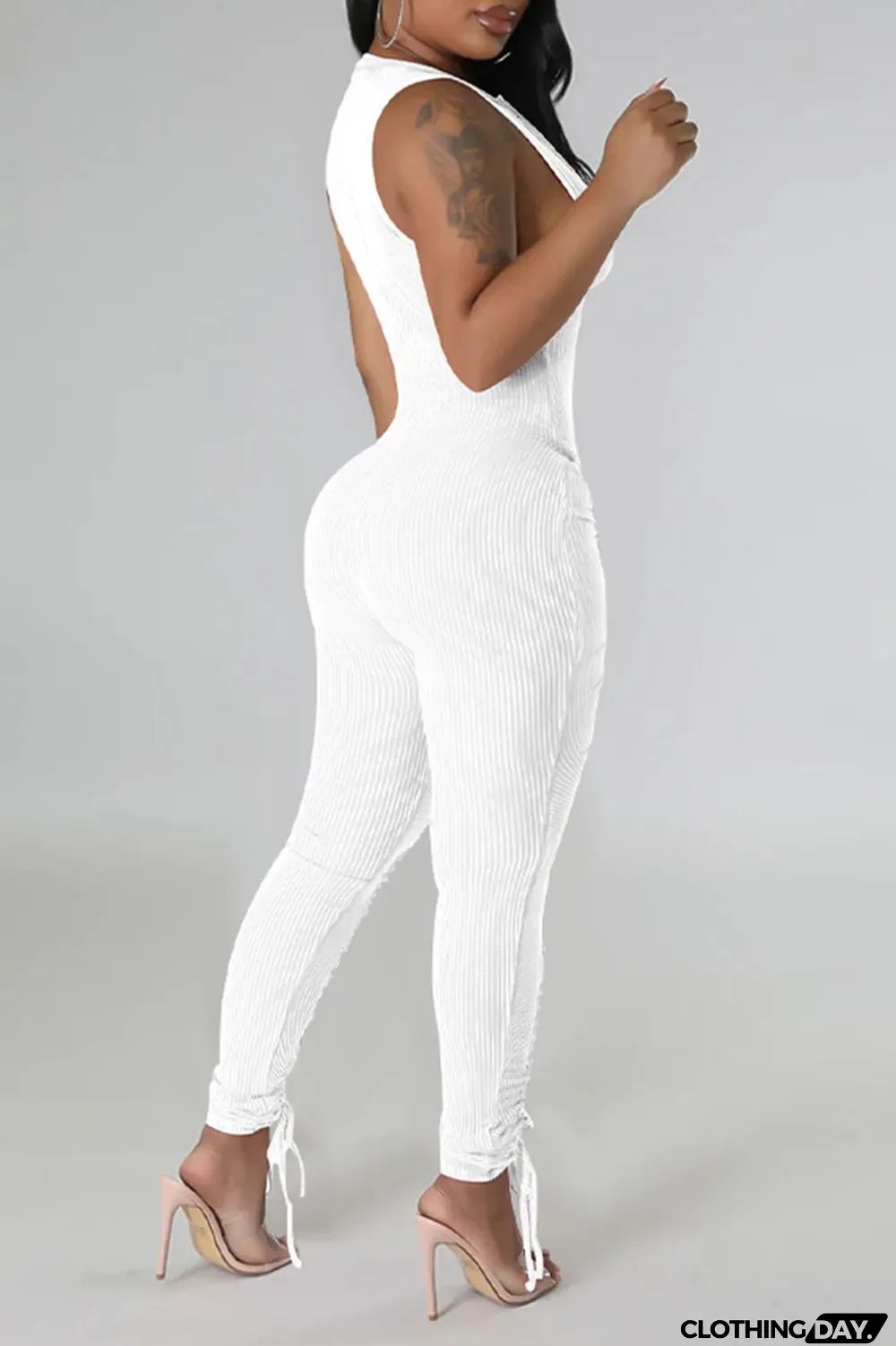 Light Blue Casual Solid Patchwork Stringy Selvedge Zipper Collar Skinny Jumpsuits