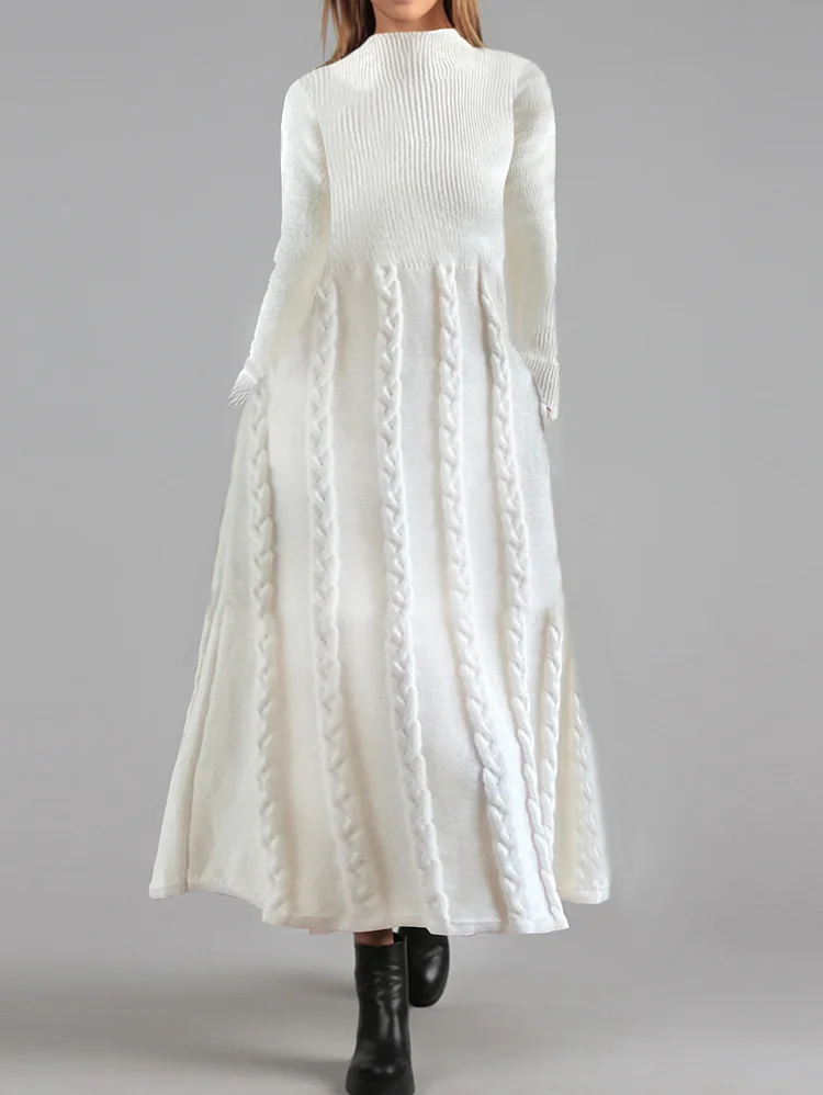 Elegant Jacquard Crochet Long Sleeve Mock Neck Knitted Midi Dress