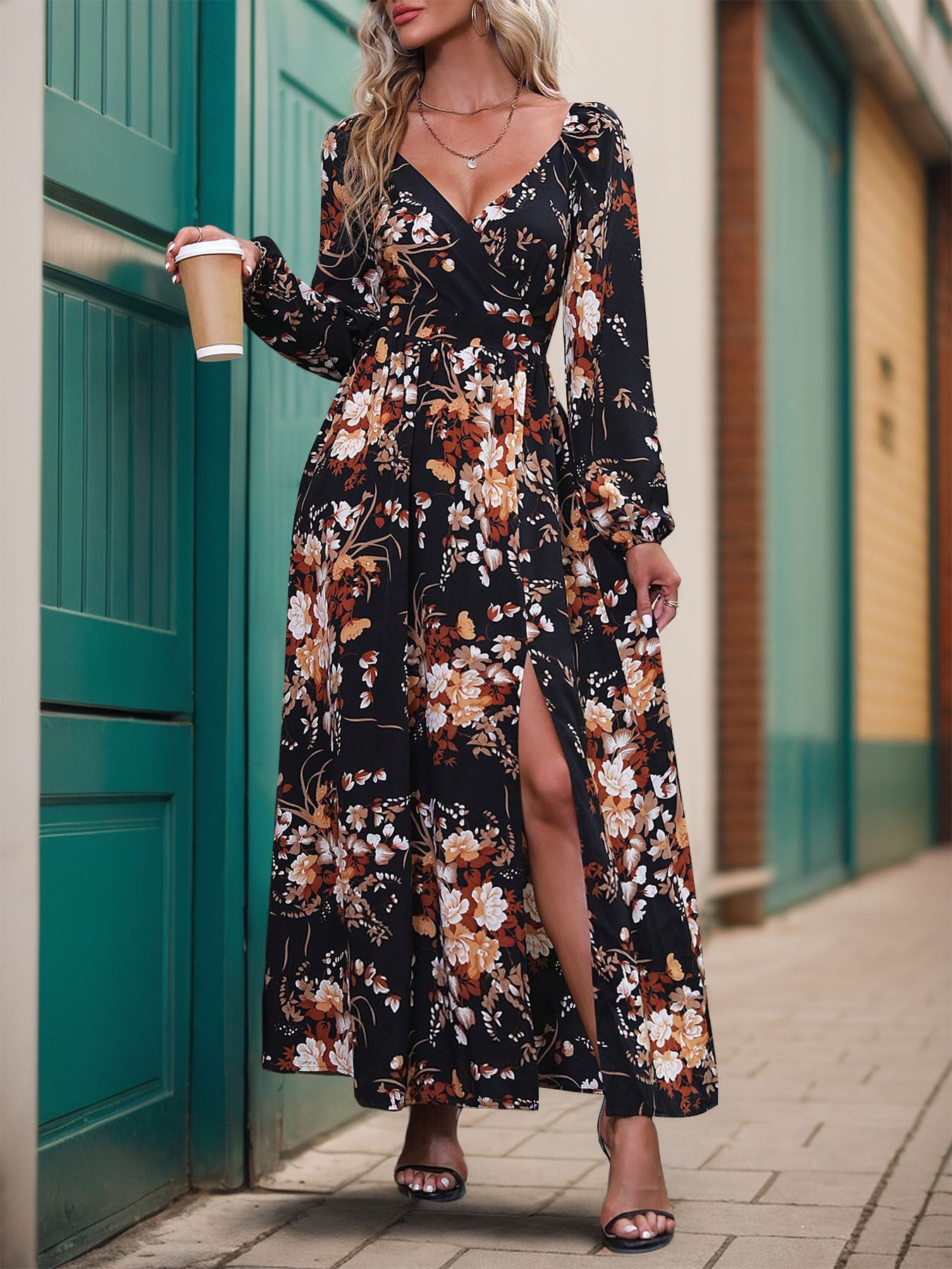 Women's Long Sleeve V-neck Floral Printed Slit Midi Dress