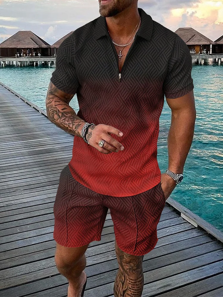 Men's Fashion Printed Zip Polo Shirt and Shorts Two-Piece Suits