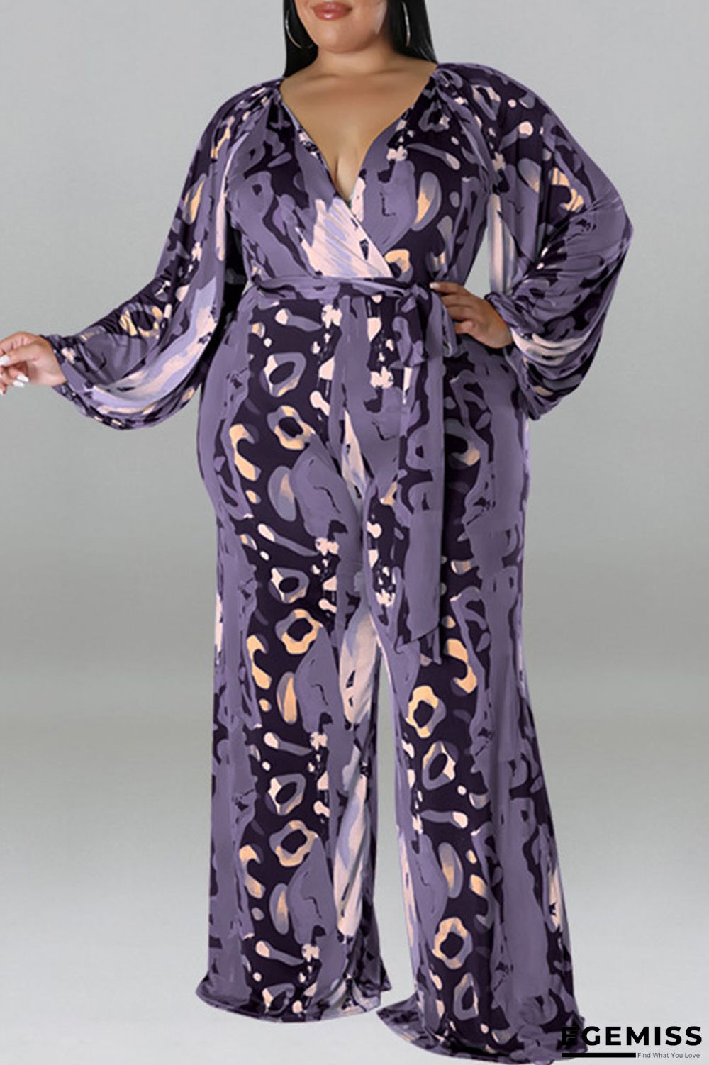 Purple Casual Print Bandage Patchwork V Neck Plus Size Jumpsuits | EGEMISS