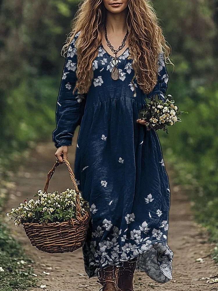 Vintage Meadows Floral Pattern Printed Women's Pocket Cotton Dress