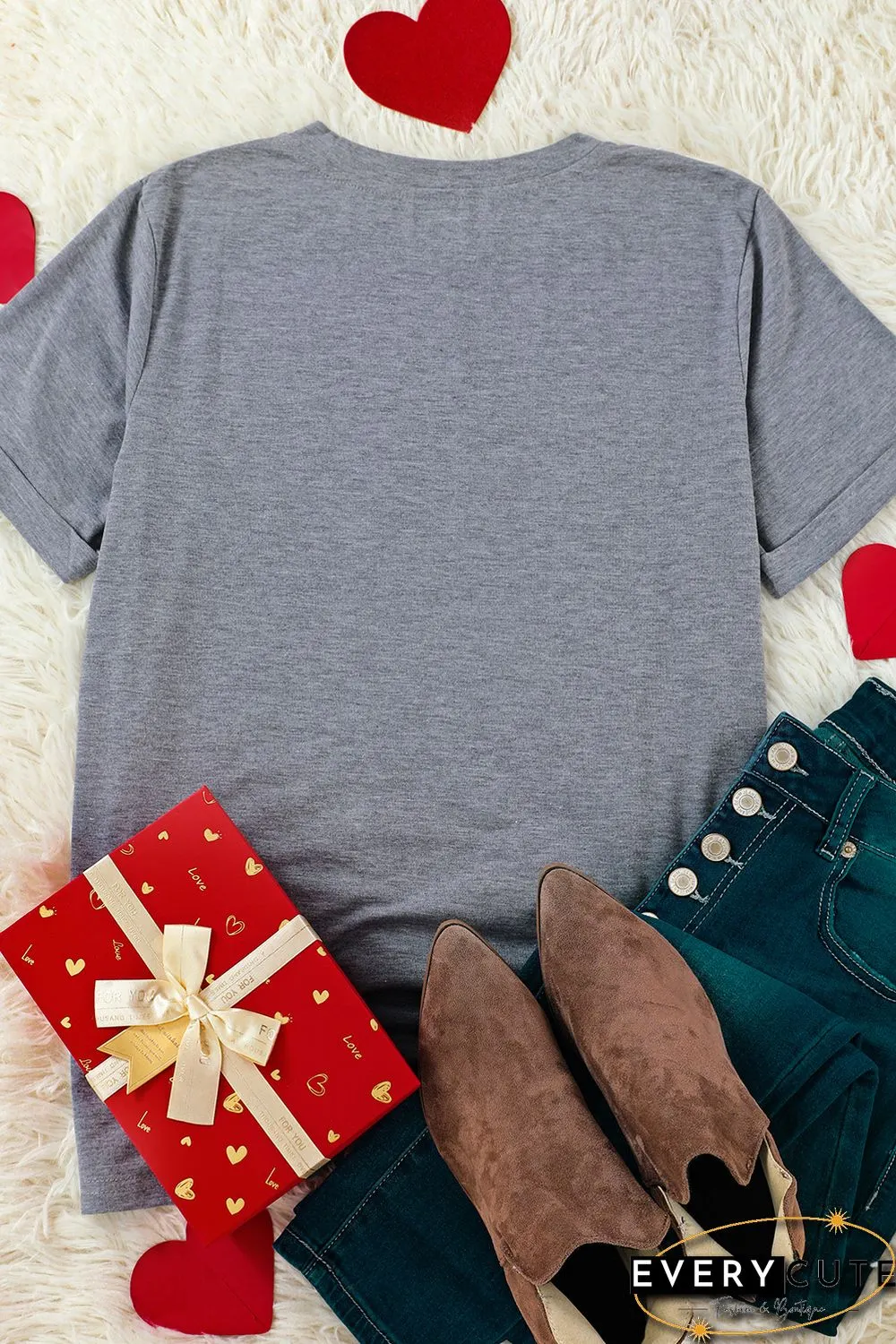 Gray Valentine's Day Large Heart Shape Print Graphic T Shirt