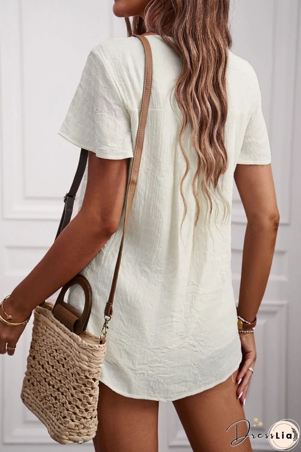Quarter-Button Round Neck Short Sleeve Top
