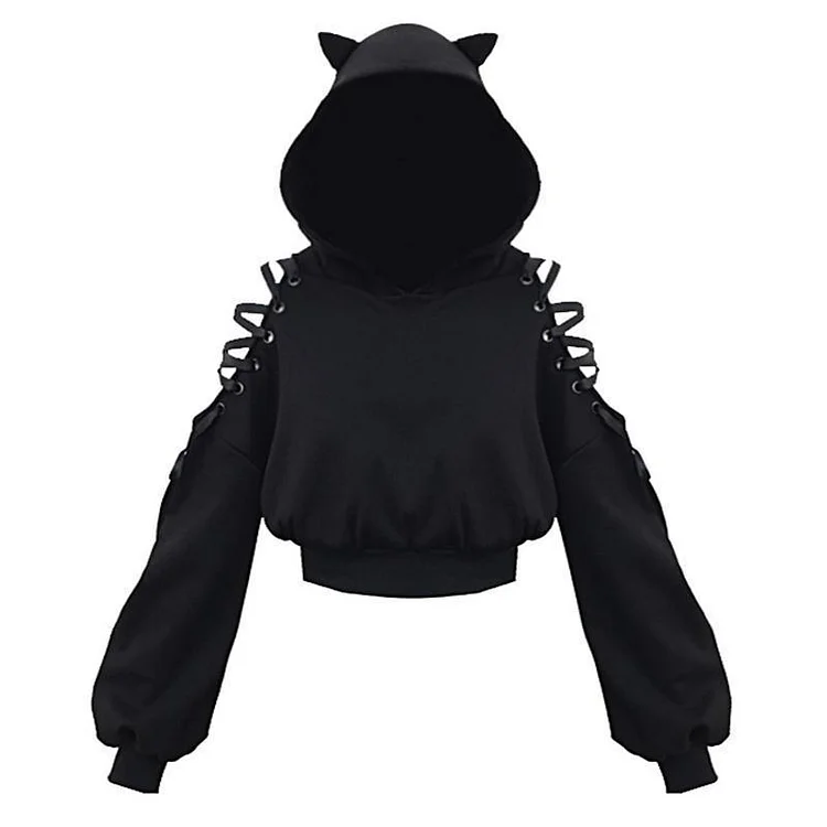 Cat Ears Lace Up Short Hoodie Black - Modakawa Modakawa