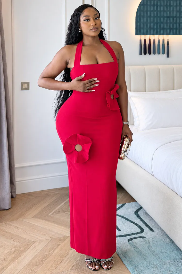 maxi bodycon red dress Halter Backless 3D Flower Decor Party Dresses-Red [Pre Order] Square neck