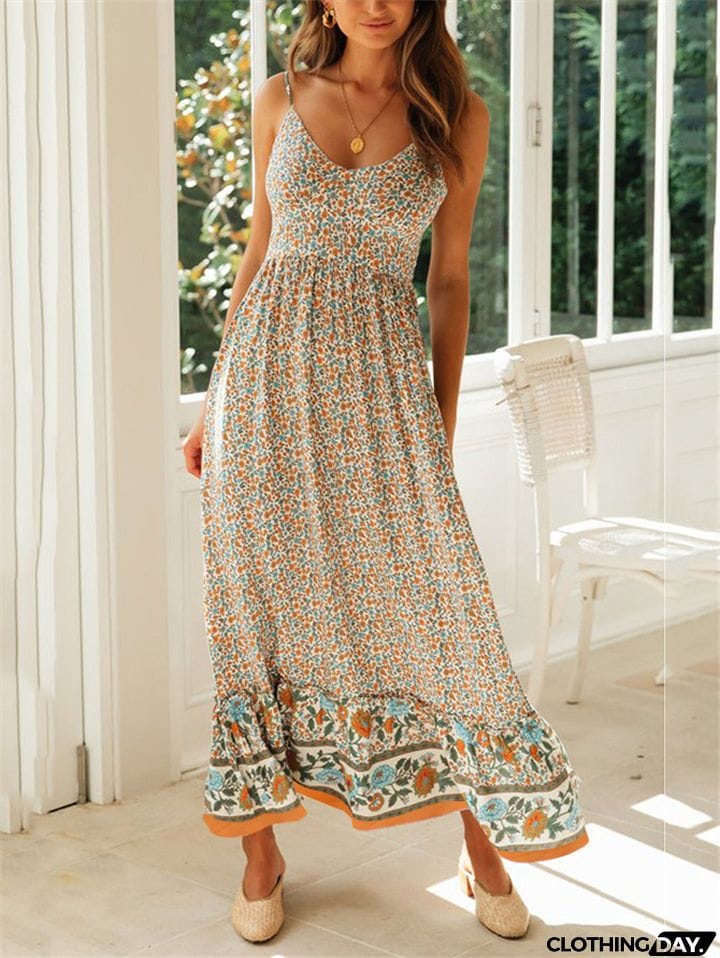 All-Over Floral Print Fitted Waist Pullover Pleated Detailing Spaghetti Strap Dress