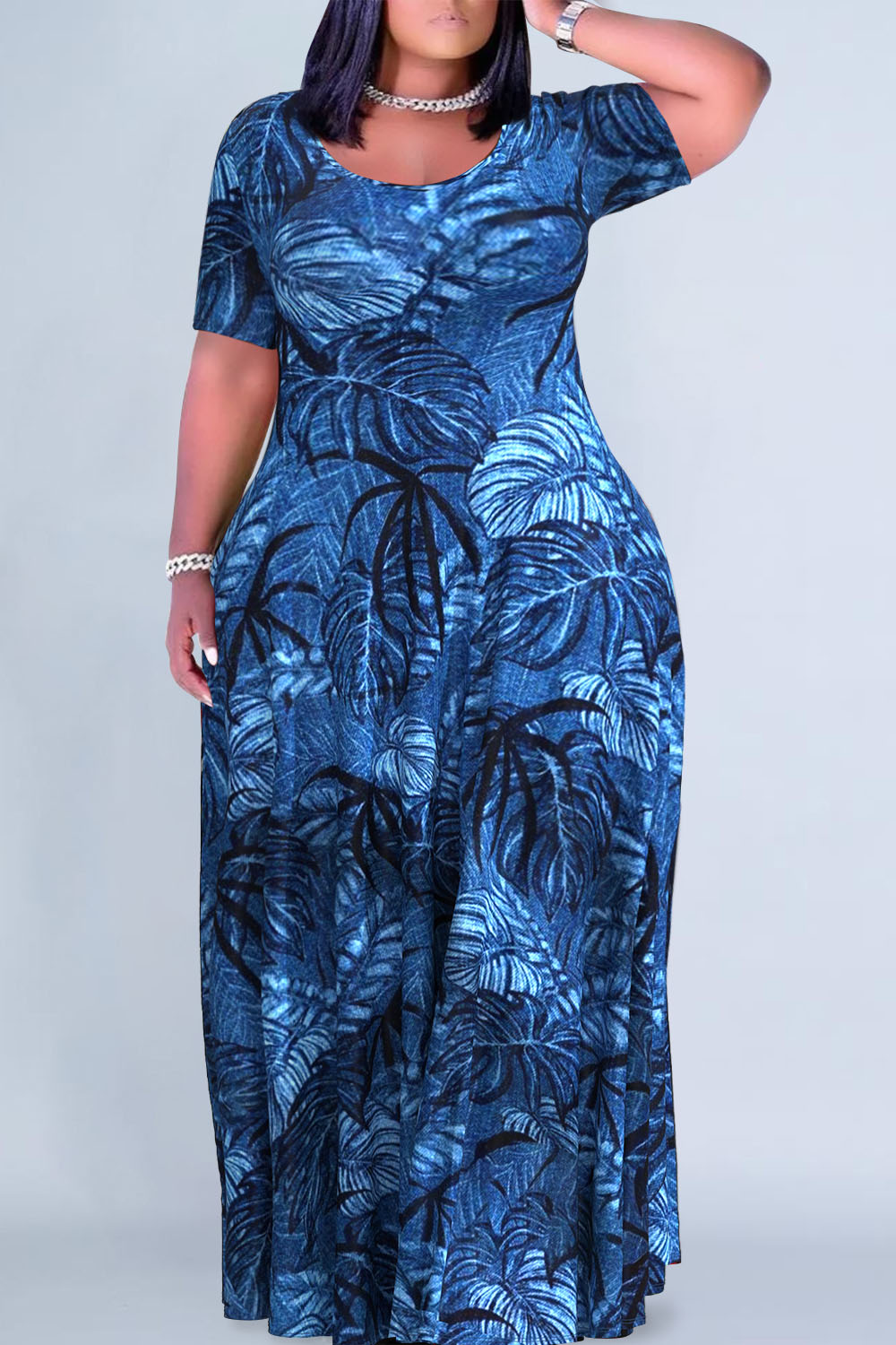 Plus Size Casual Blue All Over Print Round Neck Short Sleeve Maxi Dress [Pre-Order]