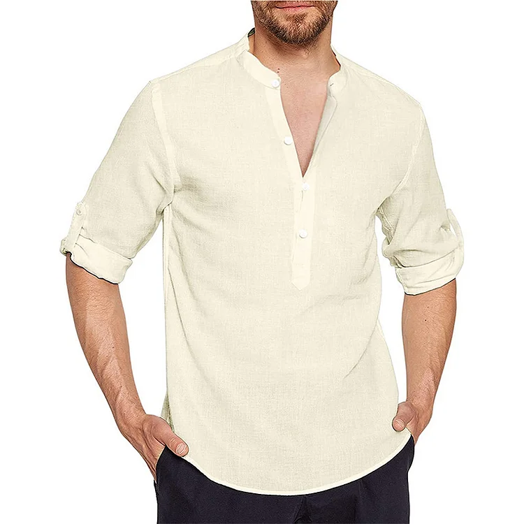 BrosWear Solid Color Henley Collar Long Sleeve Shirt