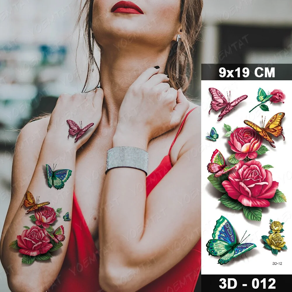 Waterproof Temporary Tattoo Sticker Butterfly Fake Tatto Flash Rose Feather Tatoo Body Art 3D Colorful for Girl Women