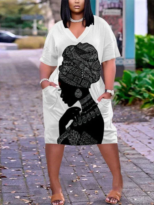 Women's White Plus Size V-neck Mid-sleeve Dress