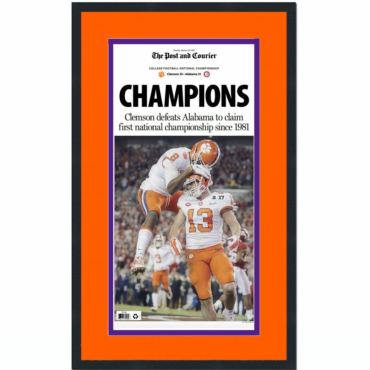 Framed Post And Courier Clemson 2016 NCAA Champions Newspaper 17x27 Cover Photo Poster painting