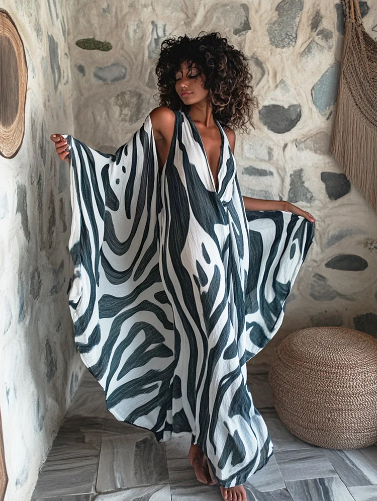 Brushstroke Art Blue Color Linen Off Shoulder V-neck Long Kaftan