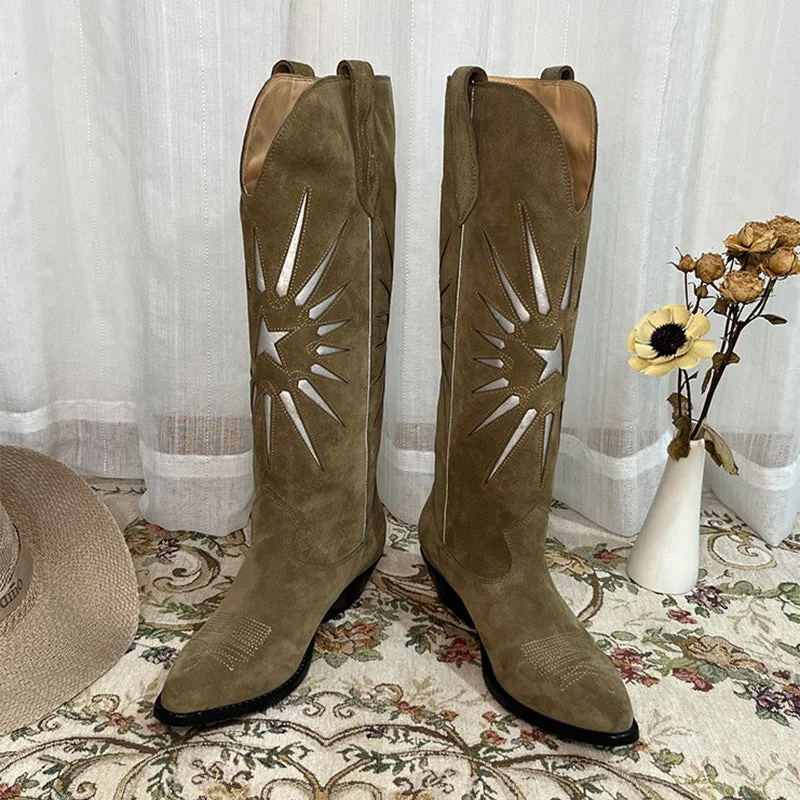 Womens Western Embroidered Boots - Suede Khaki/Black Cowgirl Boots All Genuine Leather