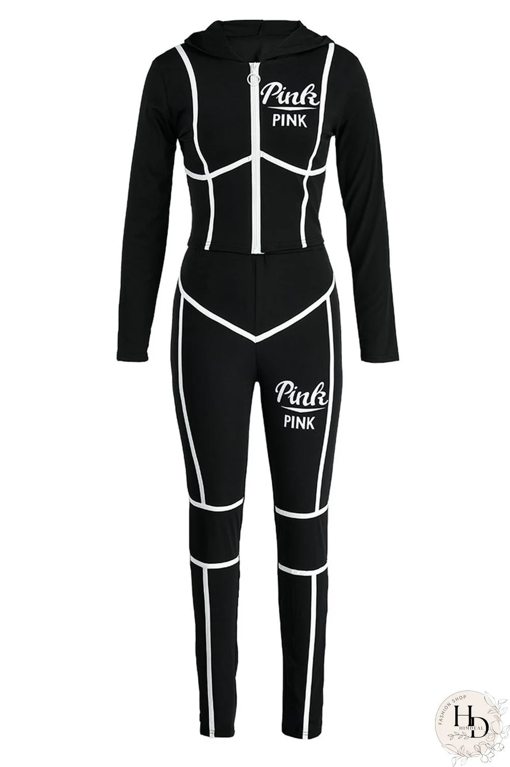 Black Casual Print Patchwork Hooded Collar Long Sleeve Two Pieces