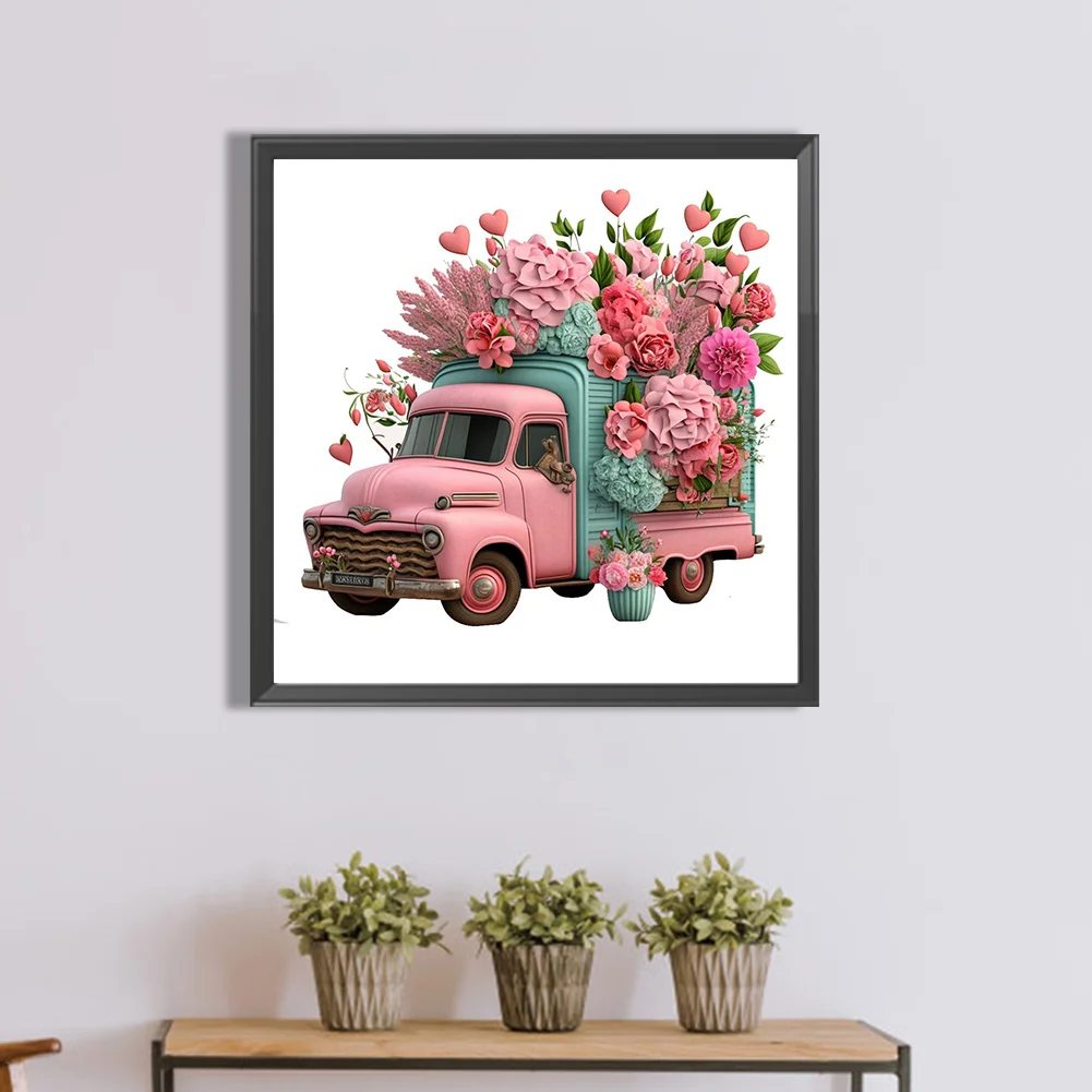 Full Round Diamond Painting 30*30cm - Pink Flower Classic Car