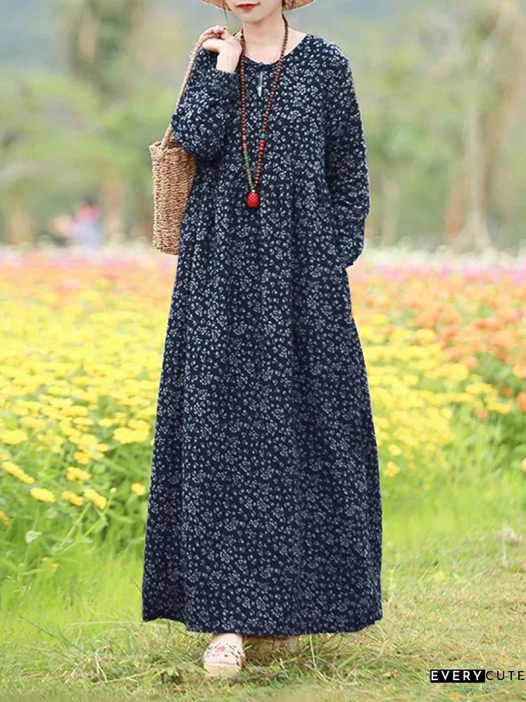 Vintage Women's Printed Dress Spring Sundress Casual Long Sleeve Maxi Vestidos Female Floral Hollow Robe Oversized