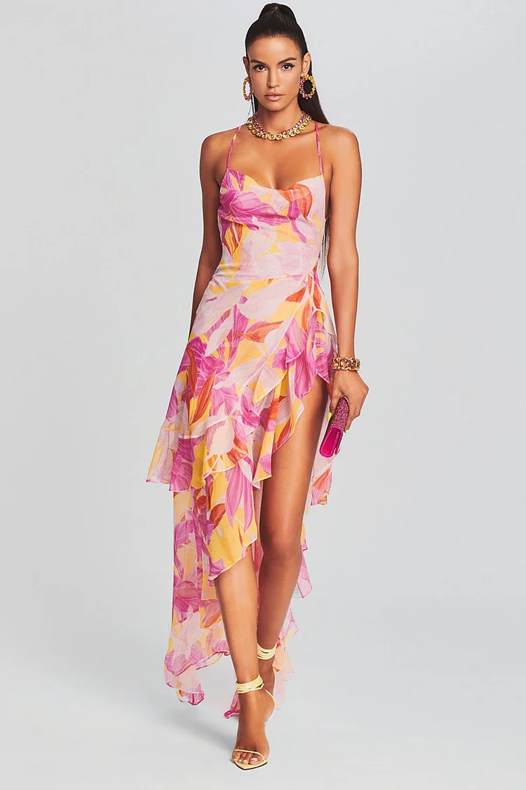 Vacation Cami Boat Neck Floral Print Irregular Ruffle Hem High Slit Tulle Maxi Dresses [Pre Order]