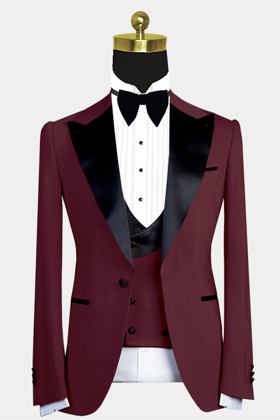 Dresseswow Burgundy Slim Fit Wedding Suit For Men With Black Lapel