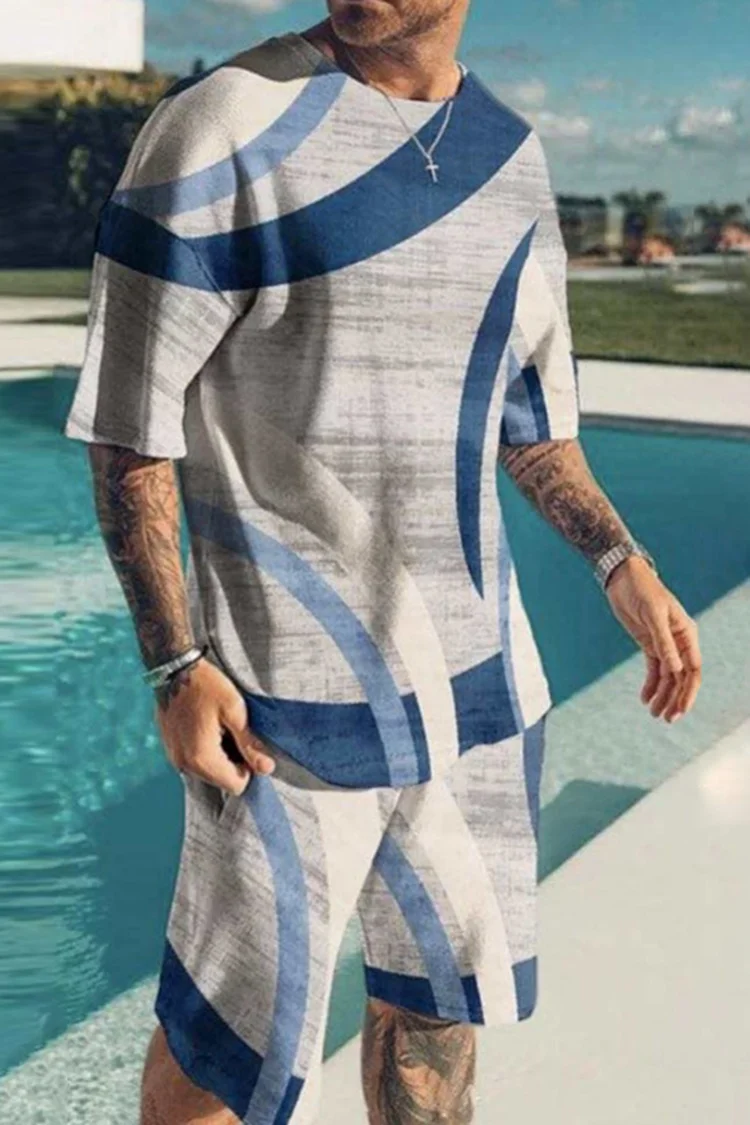 Men's Fashion Colorblock Line T-Shirt And Shorts Two Piece Set