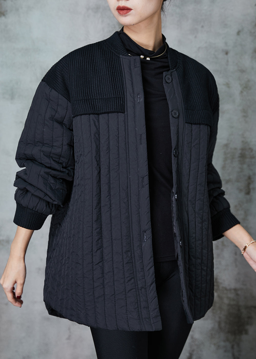 VCSHOES Black Stand Collar Patchwork Cotton Filled Jackets Spring